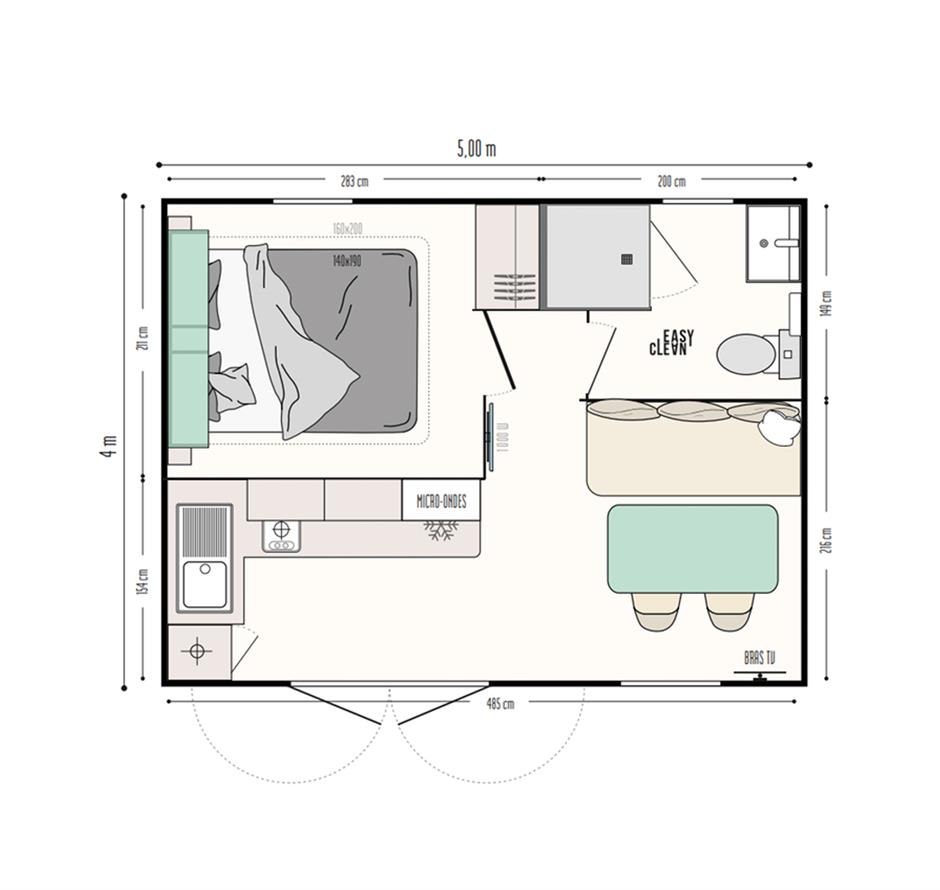 Floor plan of the Cahita Riviera cottage for 2 people, rated 4 stars by IRM  - ST HILAIRE DE RIEZ CAMPSITE
